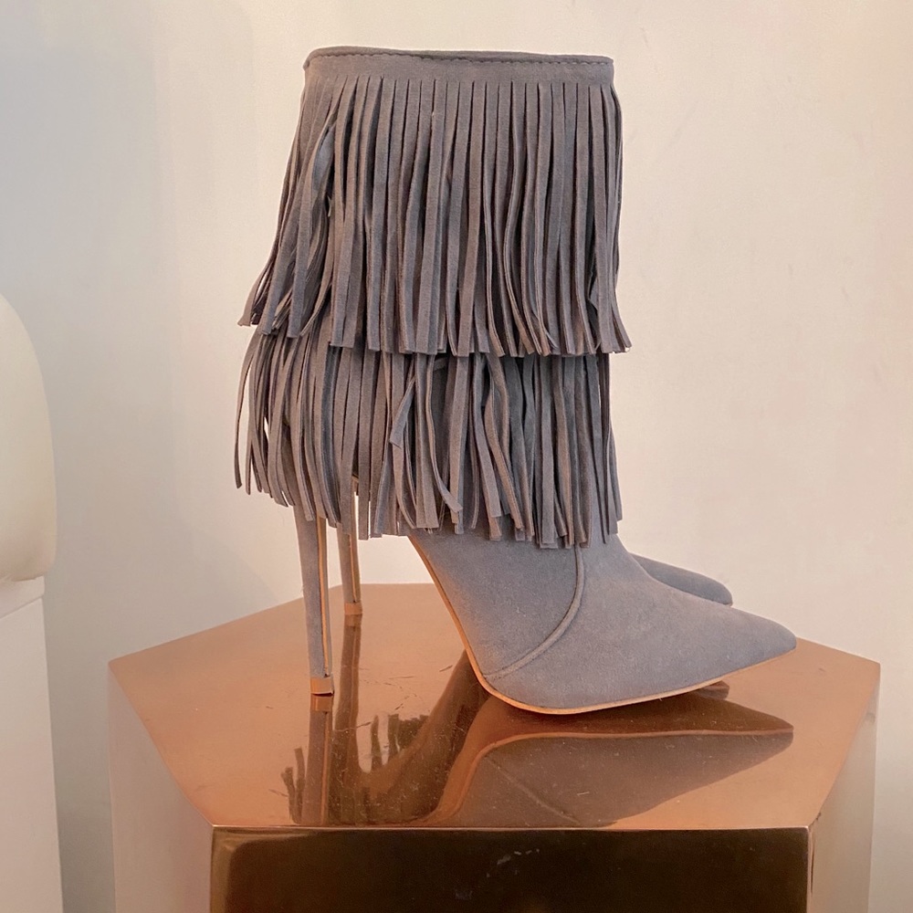 Shoe Republic LA Grey Suede Fringe Booties